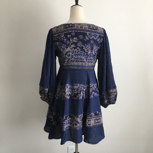 FREE PEOPLE Blue MultiColor Mixed Fabric Applique Long Sleeve Boheme Dress - Picture 10 of 11